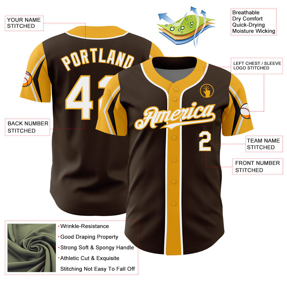 Custom Brown White-Gold 3 Colors Arm Shapes Authentic Baseball Jersey - Sky-Custom
