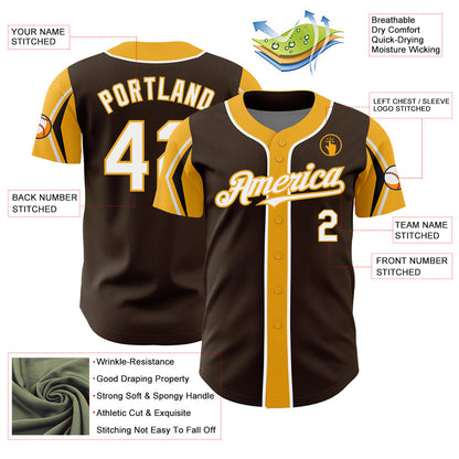 Custom Brown White-Gold 3 Colors Arm Shapes Authentic Baseball Jersey - Sky-Custom