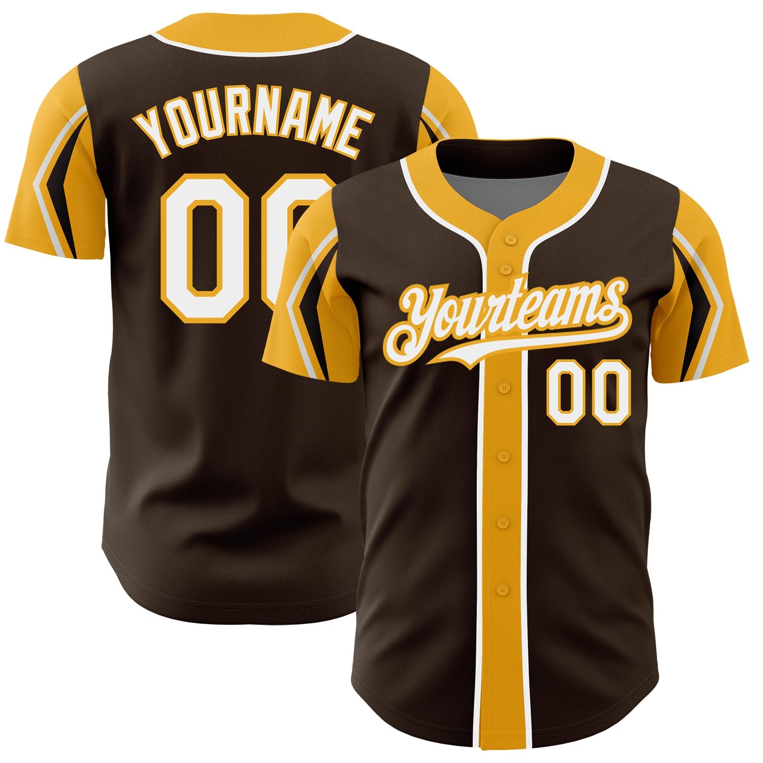 Custom Brown White-Gold 3 Colors Arm Shapes Authentic Baseball Jersey - Sky-Custom