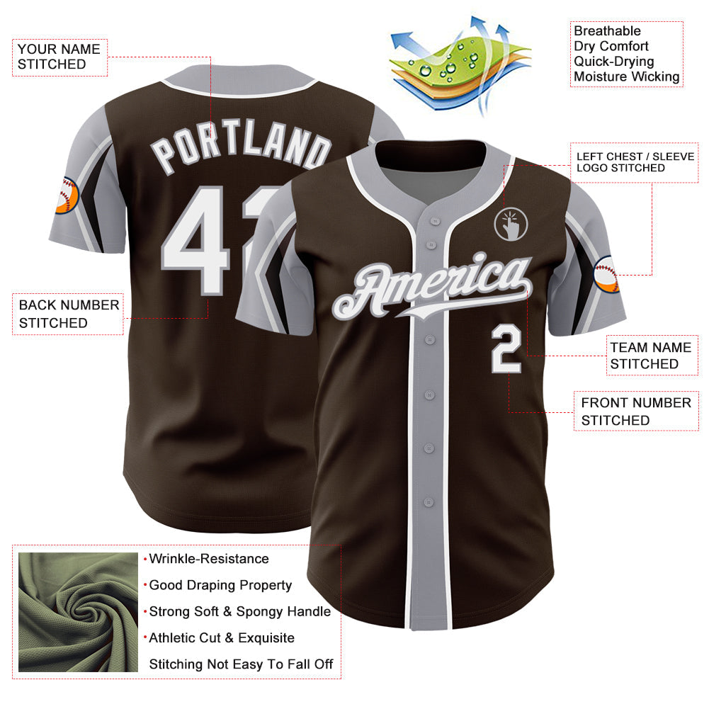 Custom Brown White-Gray 3 Colors Arm Shapes Authentic Baseball Jersey - Sky-Custom