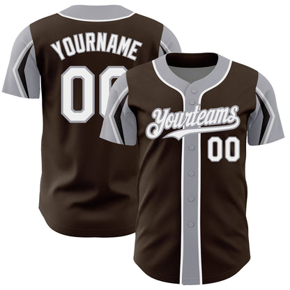 Custom Brown White-Gray 3 Colors Arm Shapes Authentic Baseball Jersey - Sky-Custom