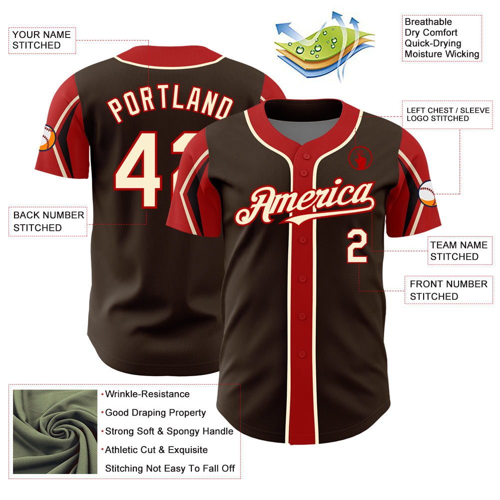Custom Brown Cream-Red 3 Colors Arm Shapes Authentic Baseball Jersey - Sky-Custom