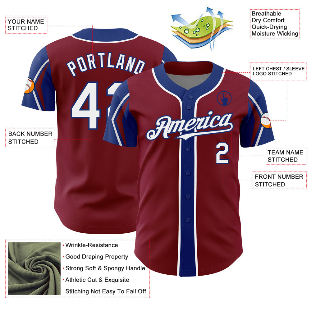 Custom Crimson White-Royal 3 Colors Arm Shapes Authentic Baseball Jersey - Sky-Custom