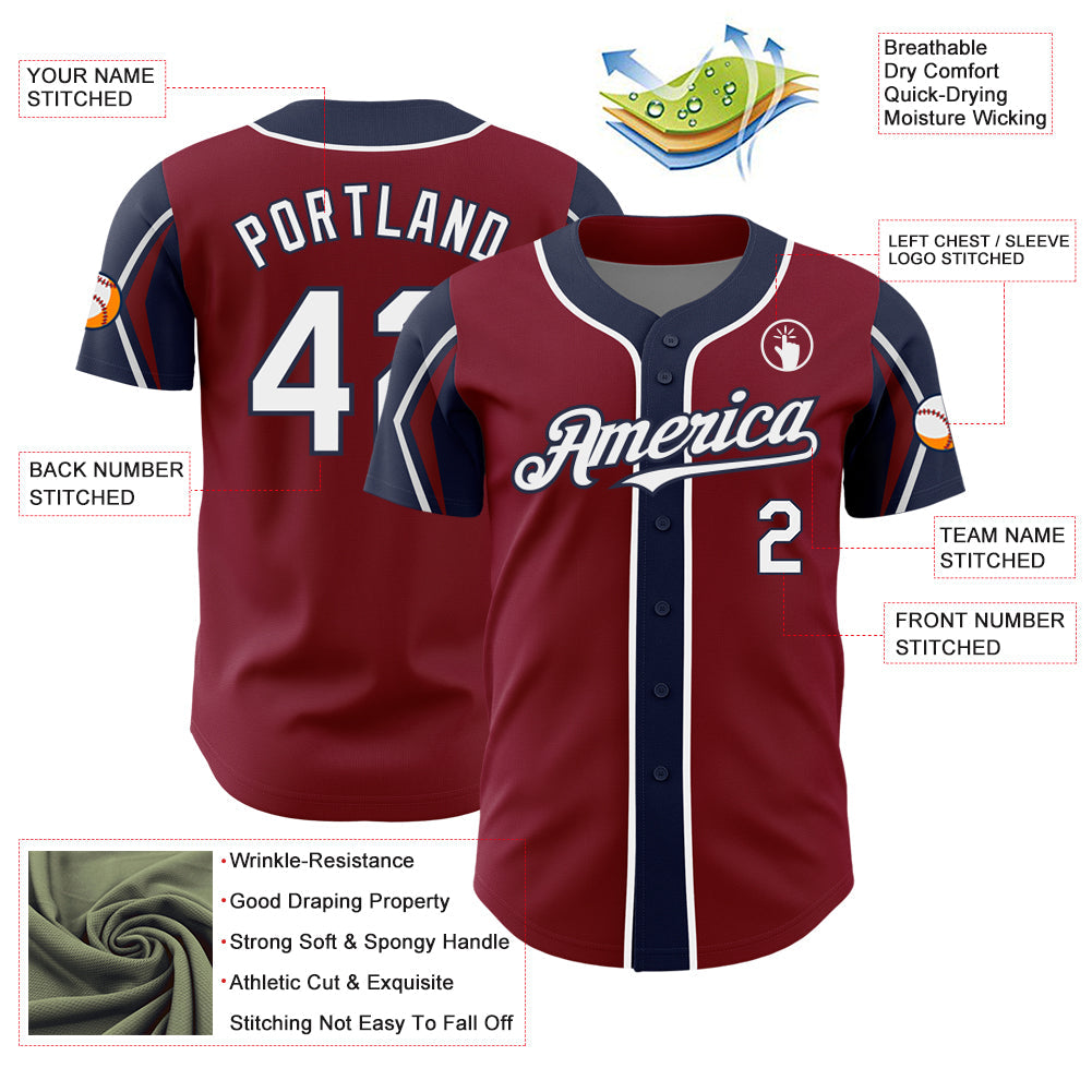 Custom Crimson White-Navy 3 Colors Arm Shapes Authentic Baseball Jersey - Sky-Custom