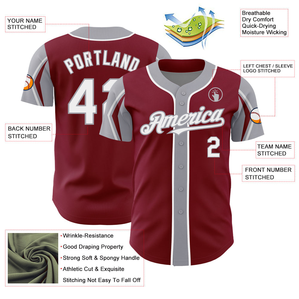 Custom Crimson White-Gray 3 Colors Arm Shapes Authentic Baseball Jersey - Sky-Custom