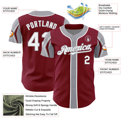 Custom Crimson White-Gray 3 Colors Arm Shapes Authentic Baseball Jersey - Sky-Custom