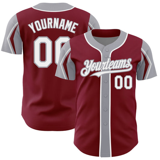 Custom Crimson White-Gray 3 Colors Arm Shapes Authentic Baseball Jersey - Sky-Custom