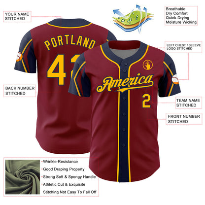Custom Crimson Gold-Navy 3 Colors Arm Shapes Authentic Baseball Jersey - Sky-Custom