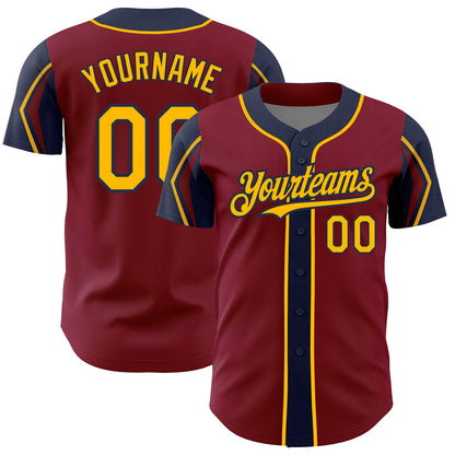 Custom Crimson Gold-Navy 3 Colors Arm Shapes Authentic Baseball Jersey - Sky-Custom