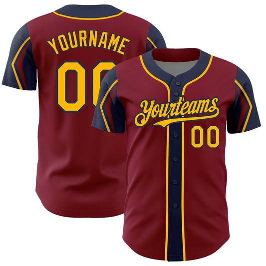 Custom Crimson Gold-Navy 3 Colors Arm Shapes Authentic Baseball Jersey - Sky-Custom