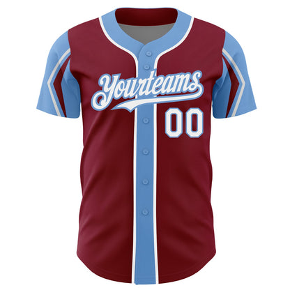 Custom Crimson White-Light Blue 3 Colors Arm Shapes Authentic Baseball Jersey - Sky-Custom
