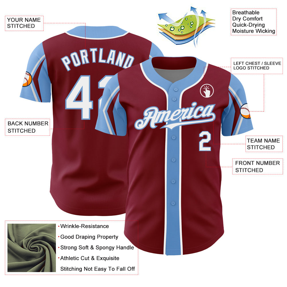 Custom Crimson White-Light Blue 3 Colors Arm Shapes Authentic Baseball Jersey - Sky-Custom