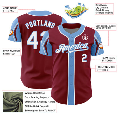 Custom Crimson White-Light Blue 3 Colors Arm Shapes Authentic Baseball Jersey - Sky-Custom
