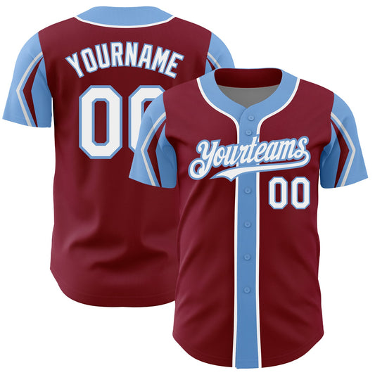 Custom Crimson White-Light Blue 3 Colors Arm Shapes Authentic Baseball Jersey - Sky-Custom