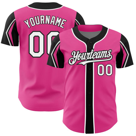 Custom Pink White-Black 3 Colors Arm Shapes Authentic Baseball Jersey - Sky-Custom