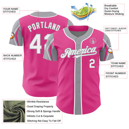 Custom Pink White-Gray 3 Colors Arm Shapes Authentic Baseball Jersey - Sky-Custom
