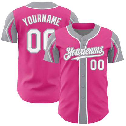 Custom Pink White-Gray 3 Colors Arm Shapes Authentic Baseball Jersey - Sky-Custom