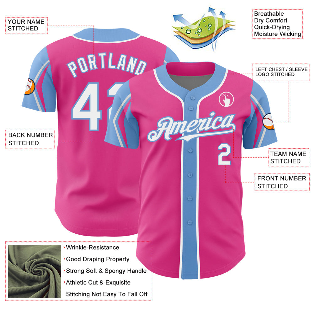 Custom Pink White-Light Blue 3 Colors Arm Shapes Authentic Baseball Jersey - Sky-Custom