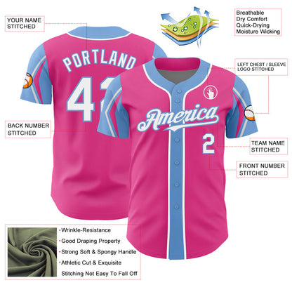 Custom Pink White-Light Blue 3 Colors Arm Shapes Authentic Baseball Jersey - Sky-Custom