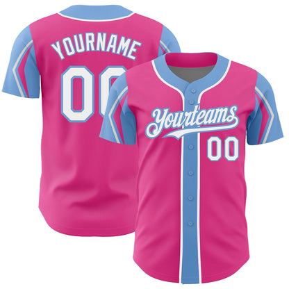 Custom Pink White-Light Blue 3 Colors Arm Shapes Authentic Baseball Jersey - Sky-Custom