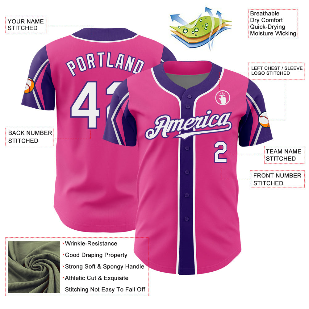 Custom Pink White-Purple 3 Colors Arm Shapes Authentic Baseball Jersey - Sky-Custom