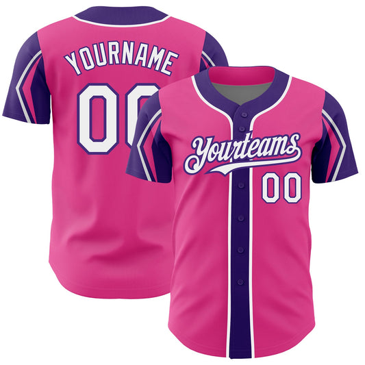 Custom Pink White-Purple 3 Colors Arm Shapes Authentic Baseball Jersey - Sky-Custom
