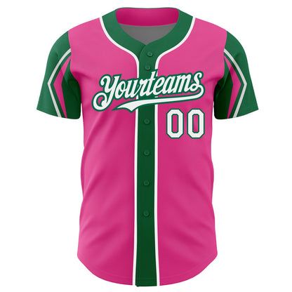 Custom Pink White-Kelly Green 3 Colors Arm Shapes Authentic Baseball Jersey - Sky-Custom