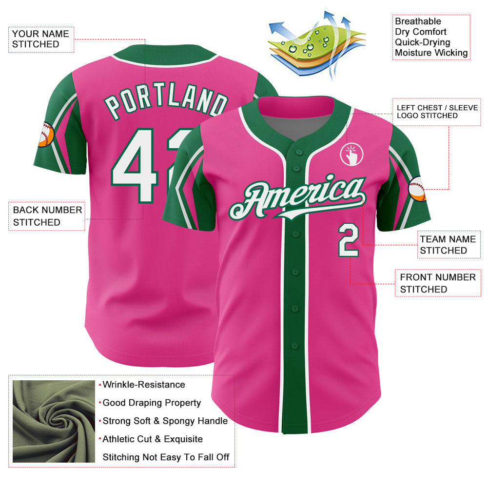 Custom Pink White-Kelly Green 3 Colors Arm Shapes Authentic Baseball Jersey - Sky-Custom