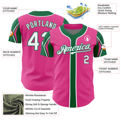 Custom Pink White-Kelly Green 3 Colors Arm Shapes Authentic Baseball Jersey - Sky-Custom