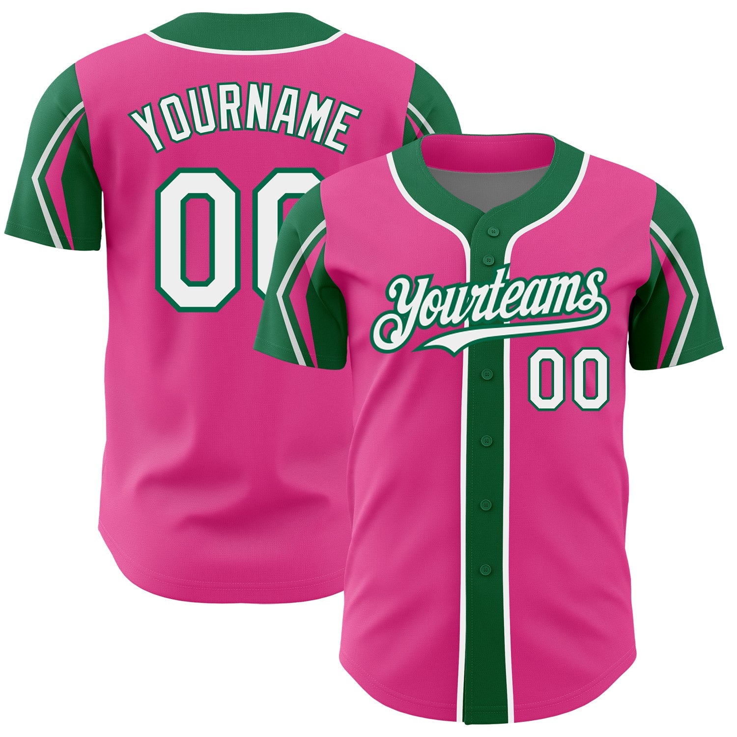 Custom Pink White-Kelly Green 3 Colors Arm Shapes Authentic Baseball Jersey - Sky-Custom