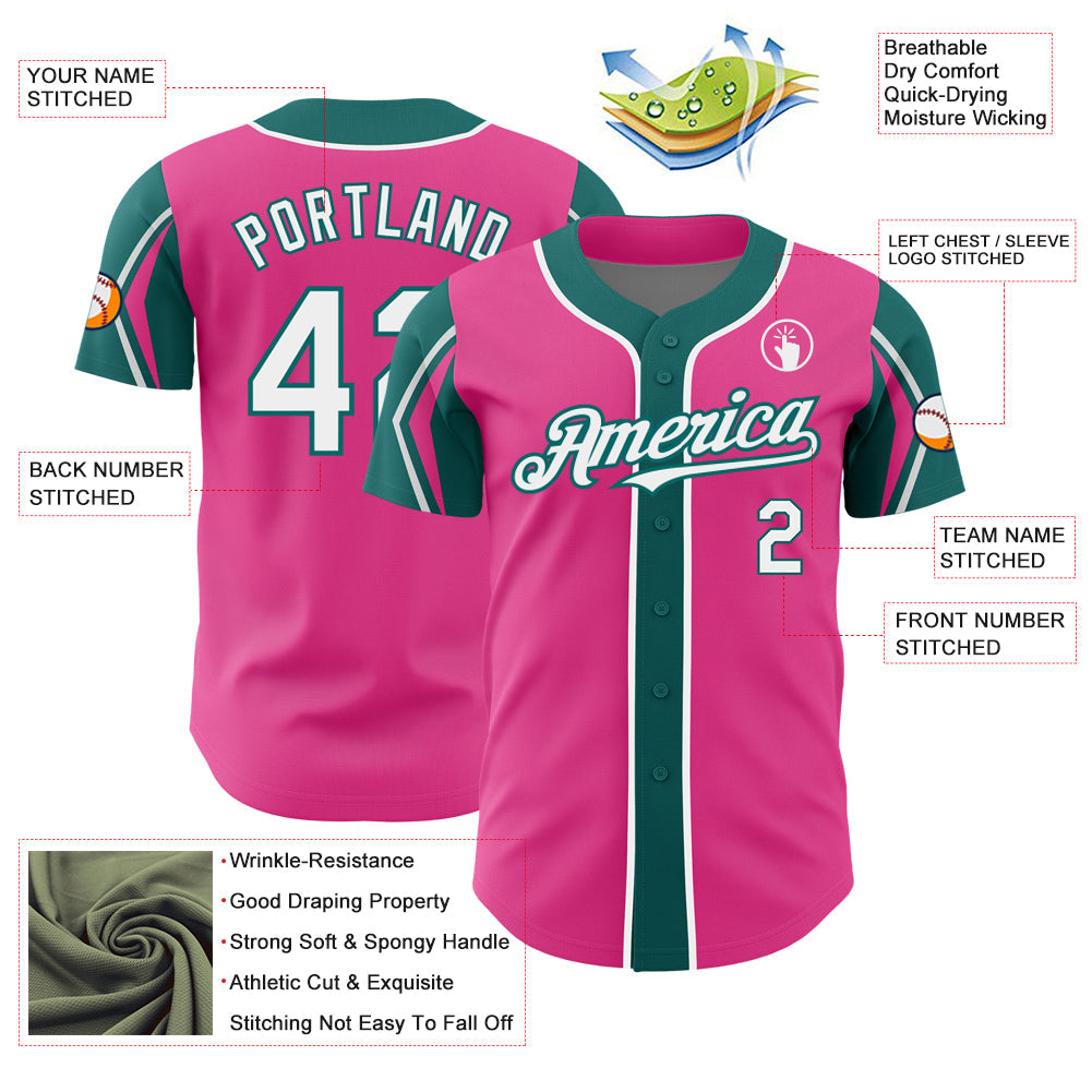 Custom Pink White-Teal 3 Colors Arm Shapes Authentic Baseball Jersey - Sky-Custom