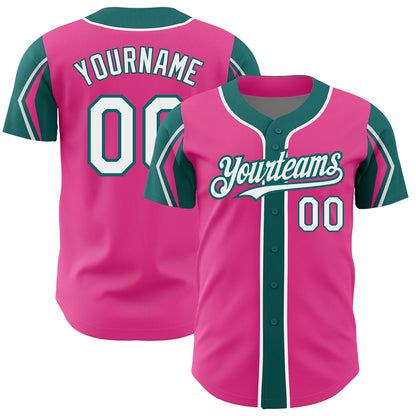 Custom Pink White-Teal 3 Colors Arm Shapes Authentic Baseball Jersey - Sky-Custom