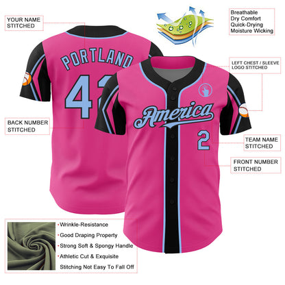 Custom Pink Light Blue-Black 3 Colors Arm Shapes Authentic Baseball Jersey - Sky-Custom