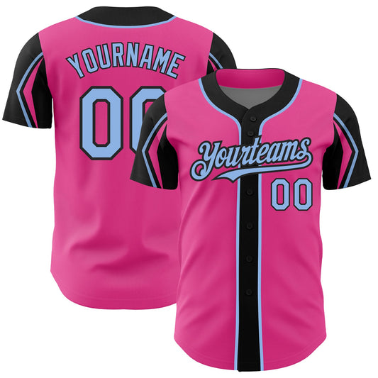 Custom Pink Light Blue-Black 3 Colors Arm Shapes Authentic Baseball Jersey - Sky-Custom