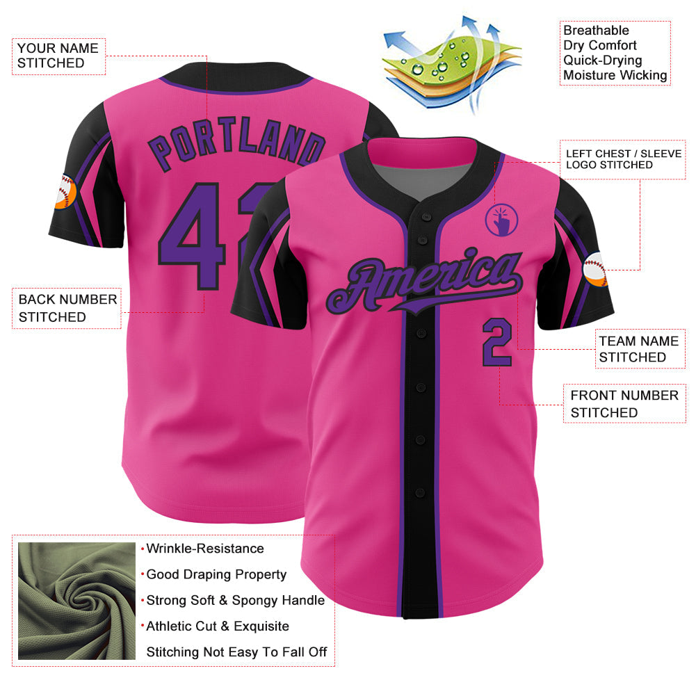 Custom Pink Purple-Black 3 Colors Arm Shapes Authentic Baseball Jersey - Sky-Custom