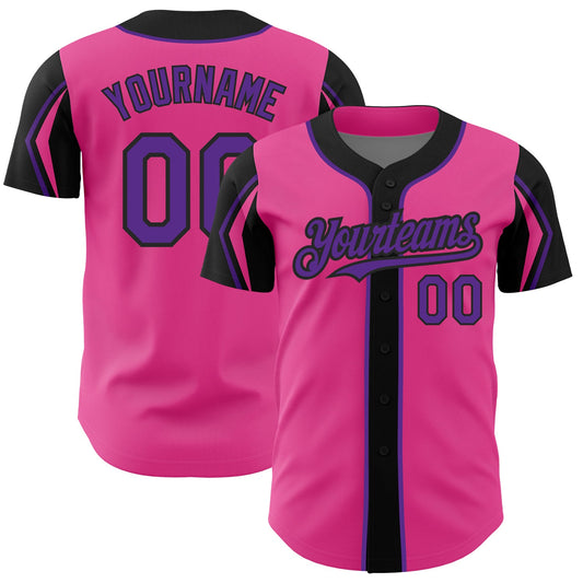 Custom Pink Purple-Black 3 Colors Arm Shapes Authentic Baseball Jersey - Sky-Custom