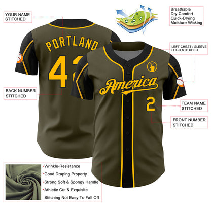 Custom Olive Gold-Black 3 Colors Arm Shapes Authentic Salute To Service Baseball Jersey - Sky-Custom