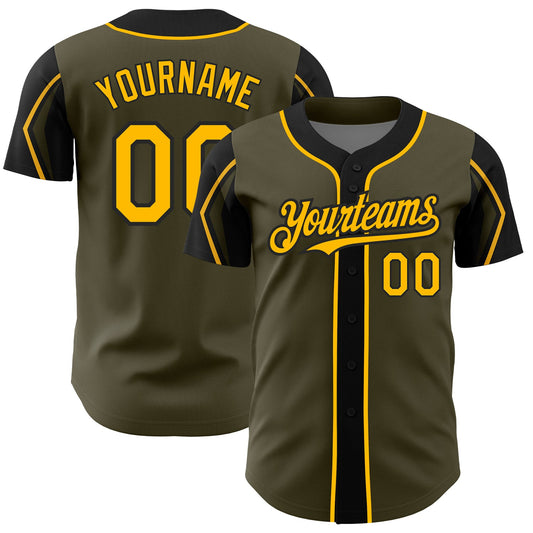 Custom Olive Gold-Black 3 Colors Arm Shapes Authentic Salute To Service Baseball Jersey - Sky-Custom