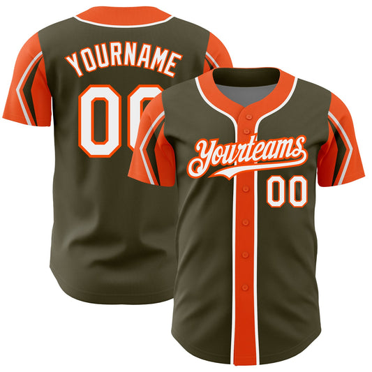 Custom Olive White-Orange 3 Colors Arm Shapes Authentic Salute To Service Baseball Jersey - Sky-Custom