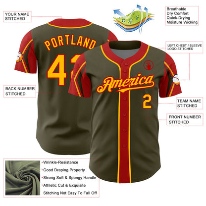 Custom Olive Gold-Red 3 Colors Arm Shapes Authentic Salute To Service Baseball Jersey - Sky-Custom