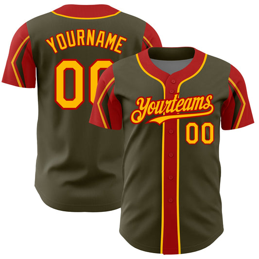 Custom Olive Gold-Red 3 Colors Arm Shapes Authentic Salute To Service Baseball Jersey - Sky-Custom