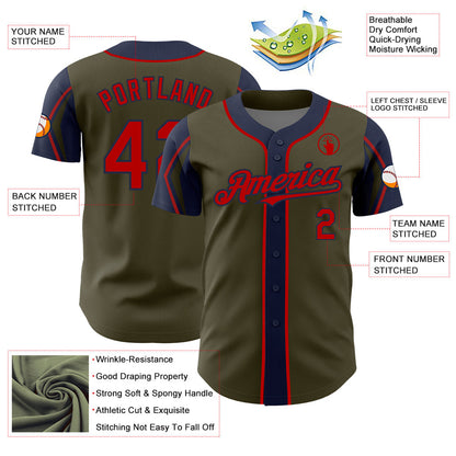 Custom Olive Red-Navy 3 Colors Arm Shapes Authentic Salute To Service Baseball Jersey - Sky-Custom