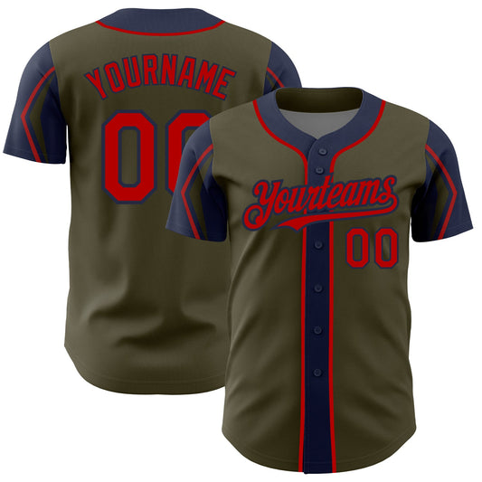 Custom Olive Red-Navy 3 Colors Arm Shapes Authentic Salute To Service Baseball Jersey - Sky-Custom