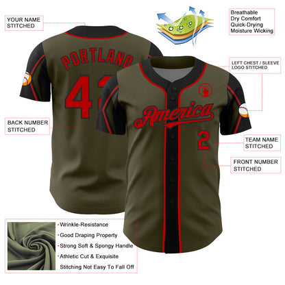 Custom Olive Red-Black 3 Colors Arm Shapes Authentic Salute To Service Baseball Jersey - Sky-Custom
