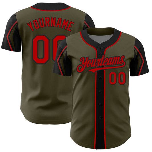 Custom Olive Red-Black 3 Colors Arm Shapes Authentic Salute To Service Baseball Jersey - Sky-Custom