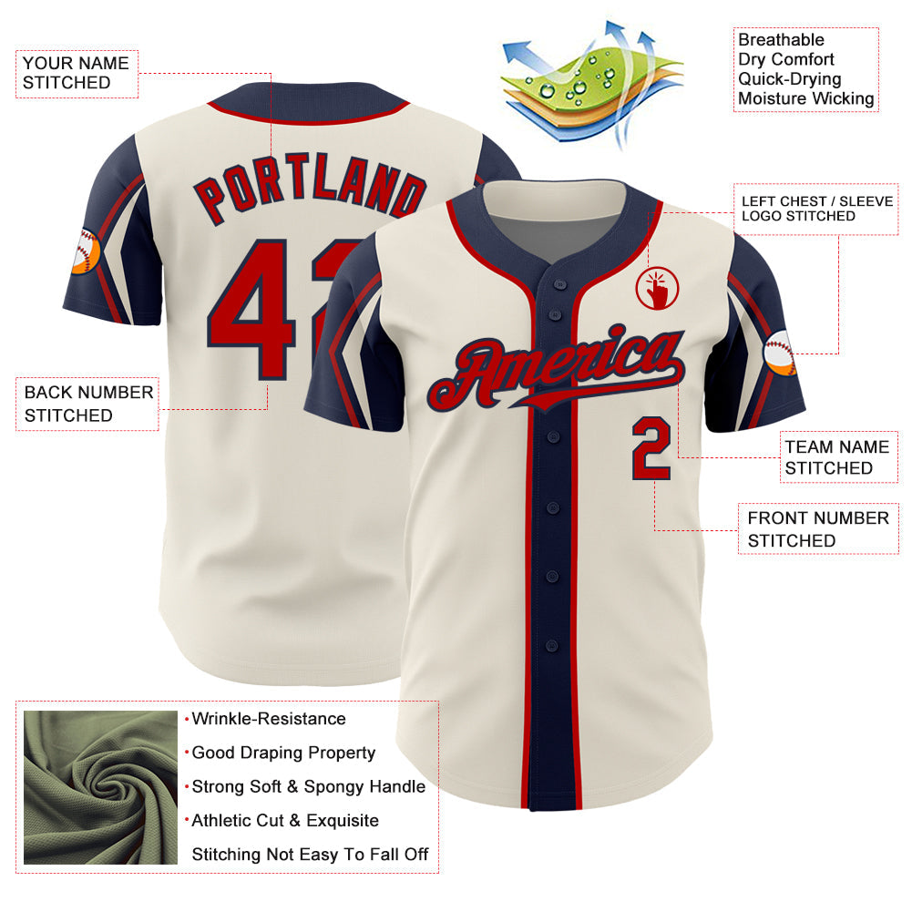Custom Cream Red-Navy 3 Colors Arm Shapes Authentic Baseball Jersey - Sky-Custom
