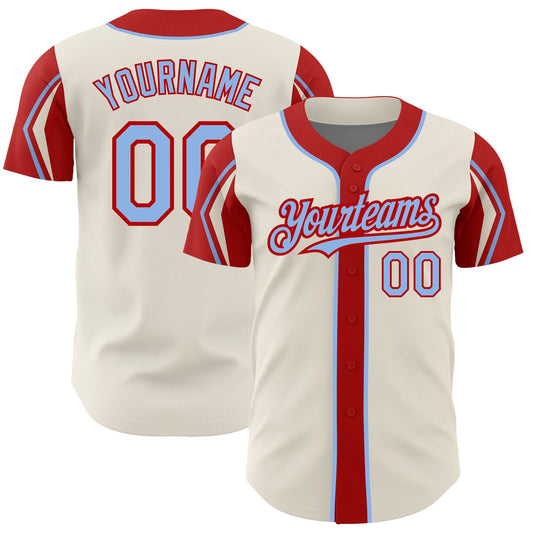 Custom Cream Light Blue-Red 3 Colors Arm Shapes Authentic Baseball Jersey - Sky-Custom