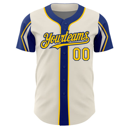 Custom Cream Yellow-Royal 3 Colors Arm Shapes Authentic Baseball Jersey - Sky-Custom