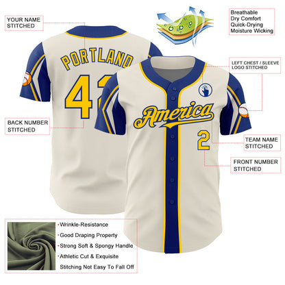 Custom Cream Yellow-Royal 3 Colors Arm Shapes Authentic Baseball Jersey - Sky-Custom