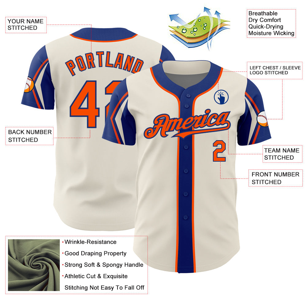Custom Cream Orange-Royal 3 Colors Arm Shapes Authentic Baseball Jersey - Sky-Custom